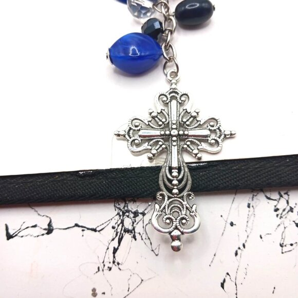 Blue + Silver Beaded + Silver Tone Cross 9 Inch Keychain or Purse Charm - Picture 6 of 7